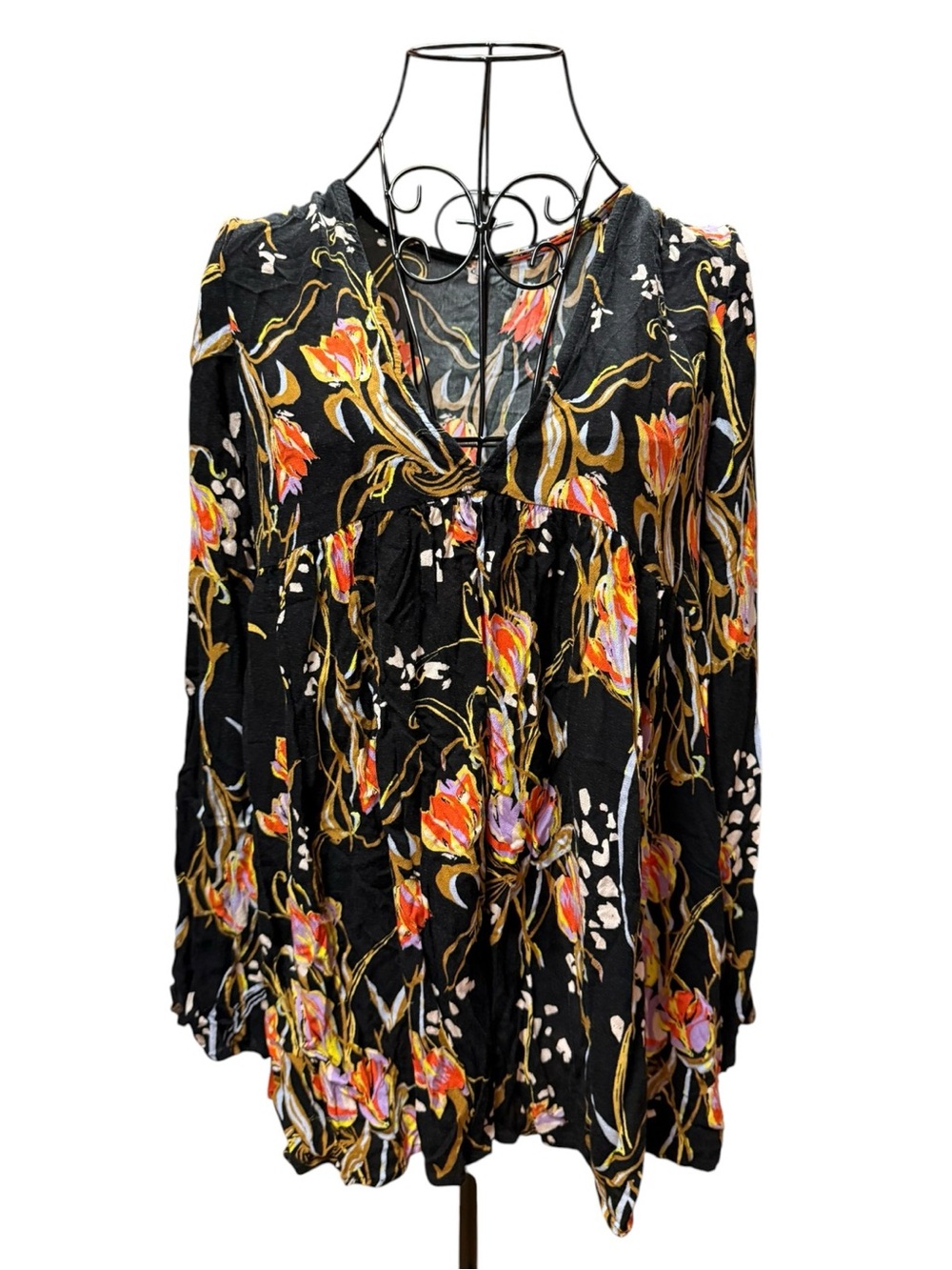 Free People Black Floral V-Neck Peasant Blouse